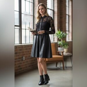 Boston Proper Black Lace Faux Leather Dress Size 14 Long Sleeve A-Line
